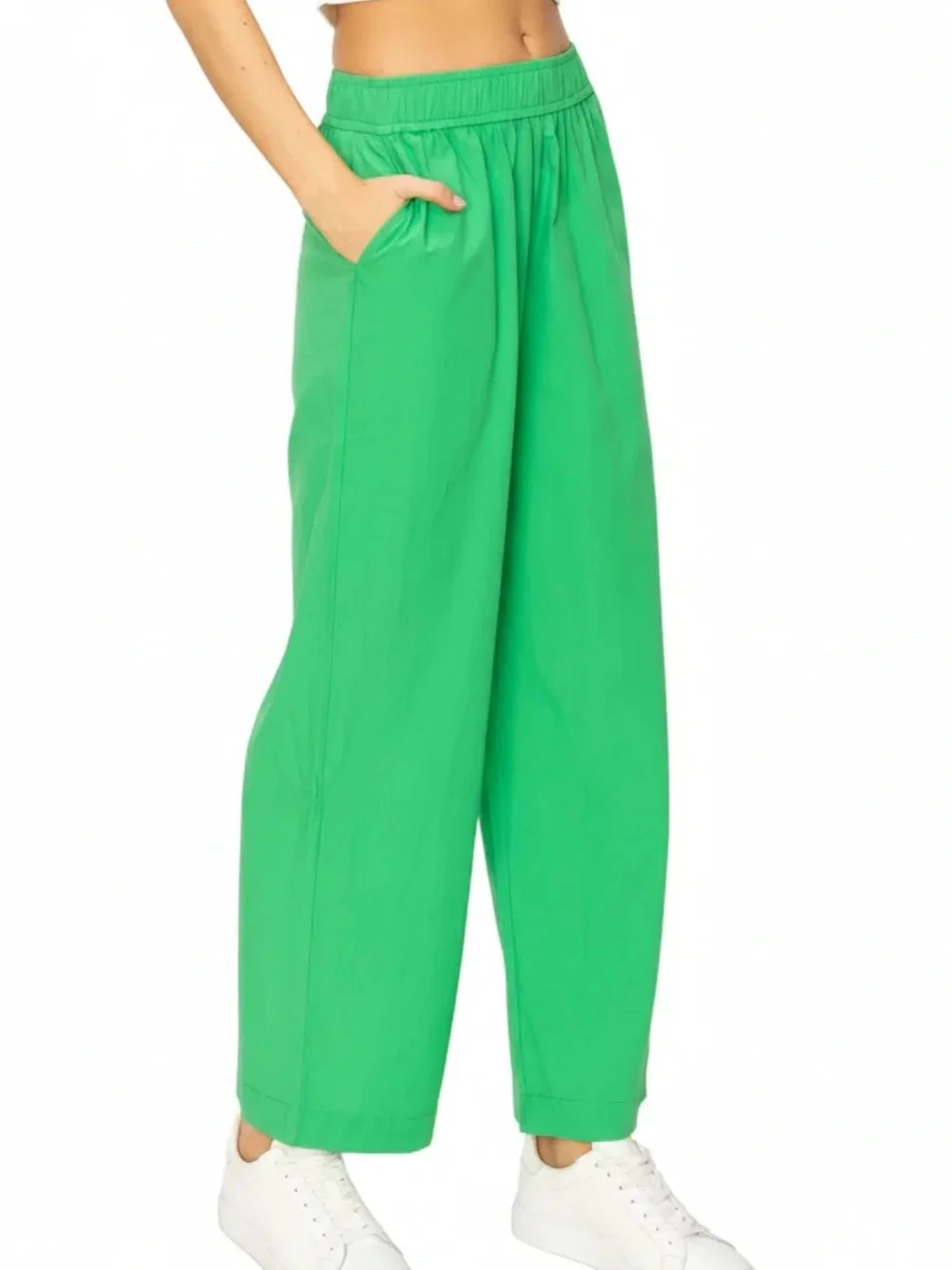 Green Wide-Leg Elastic-Waist Pants Cotton Pockets - Picture 4 of 4